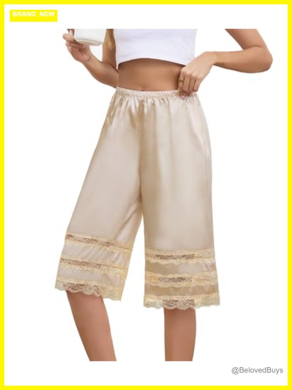 Satin Pettipant Culotte Slip Shorts Lace Trim Wide Leg Bloomers Under Dress